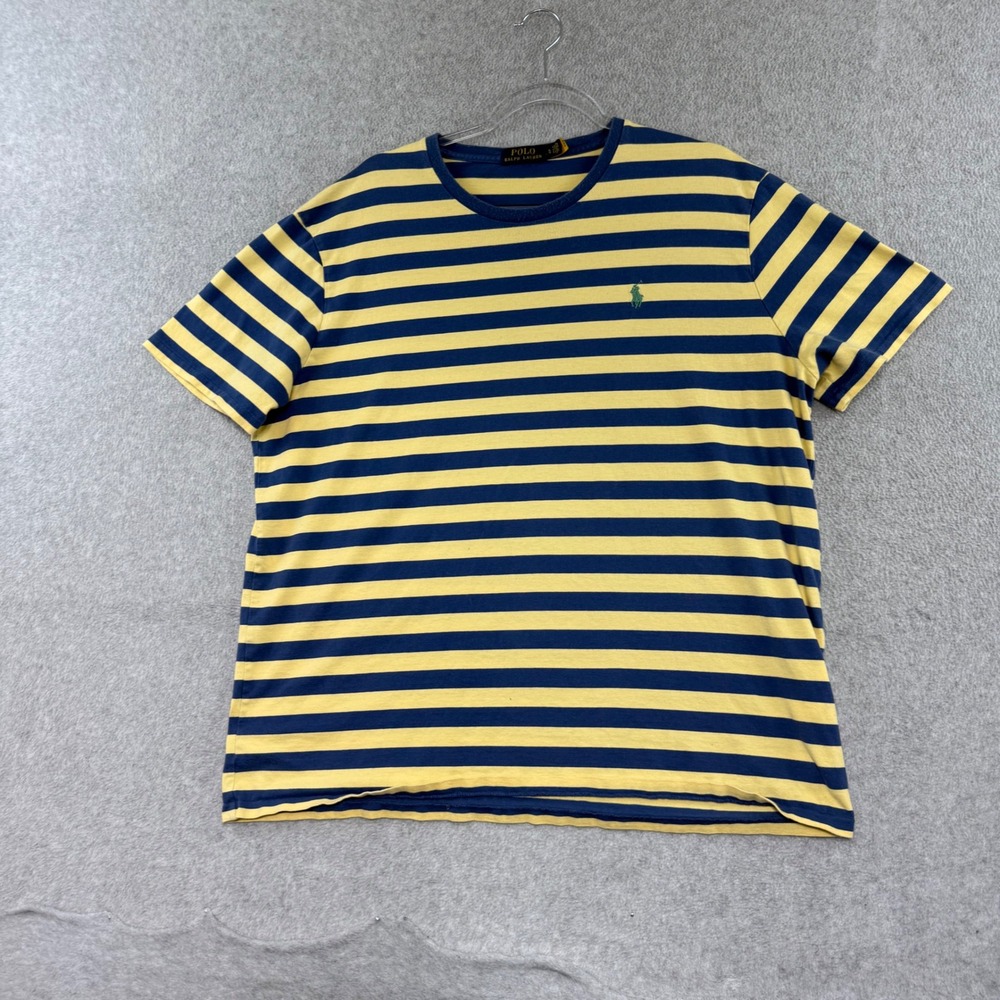 Polo Ralph Lauren T Shirt Mens XL Yellow Blue Striped Short Sleeve Pony Logo